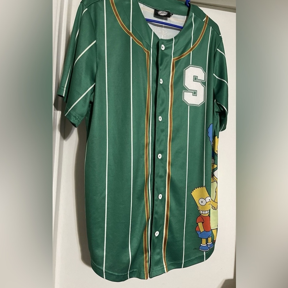 The Simpsons Mens Button Up Baseball Jersey Shirt Short Sleeve Green Striped M